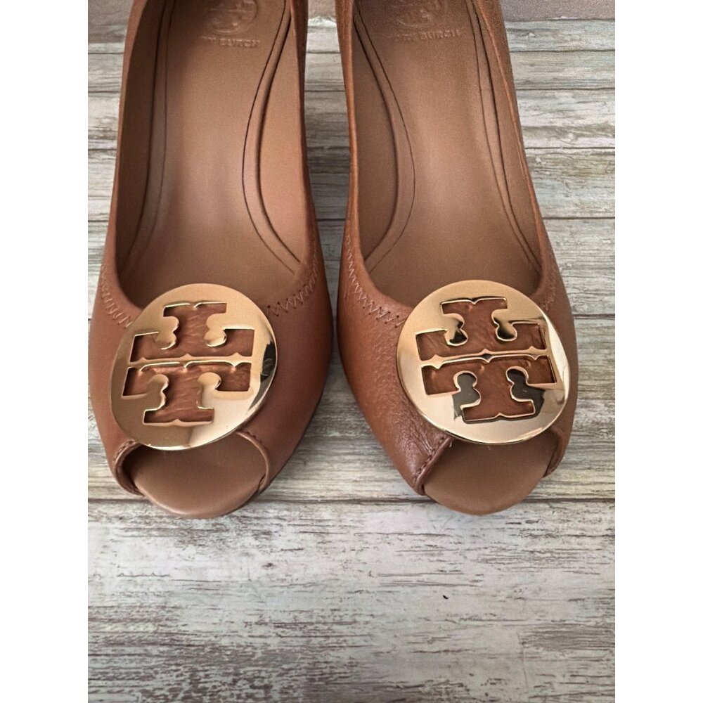 Tory Burch Women's Sally 2 Cognac Leather Peep Toe Wedge Heels Sz 11 Used No Box - Picture 3 of 11